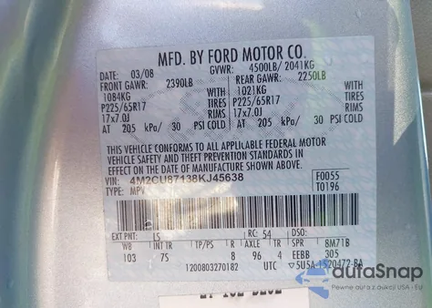 2008 Mercury Mariner Premier from USA, damaged, VIN 4M2CU87138KJ45638